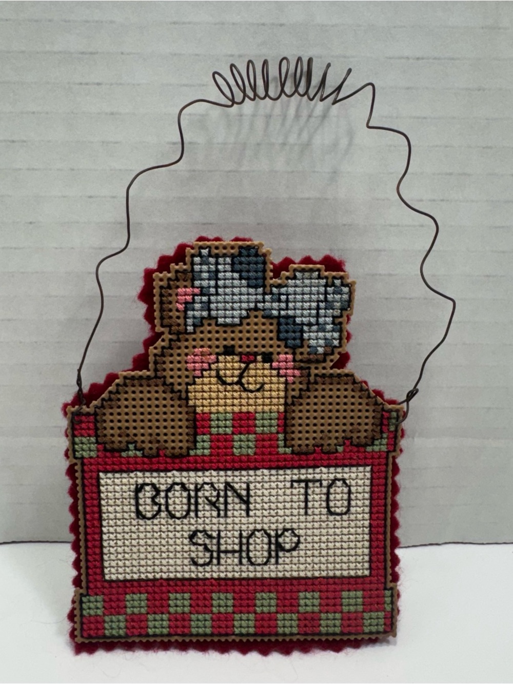 Vintage Wizzers Handmade Cross-Stitch Plastic Canvas Teddy Bear “Born To Shop”